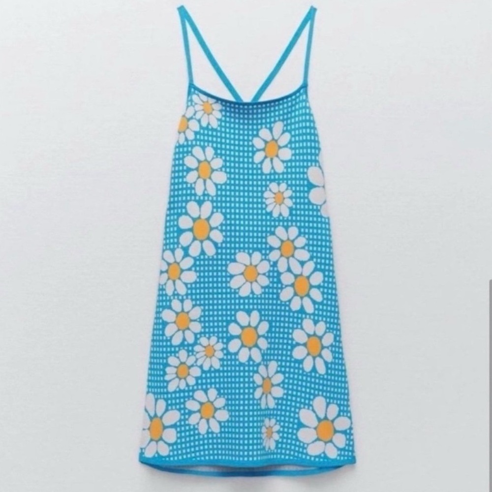Zara Blue Gingham Daisy Floral Knit Mini Dress Open Back Size Small - Picture 11 of 15